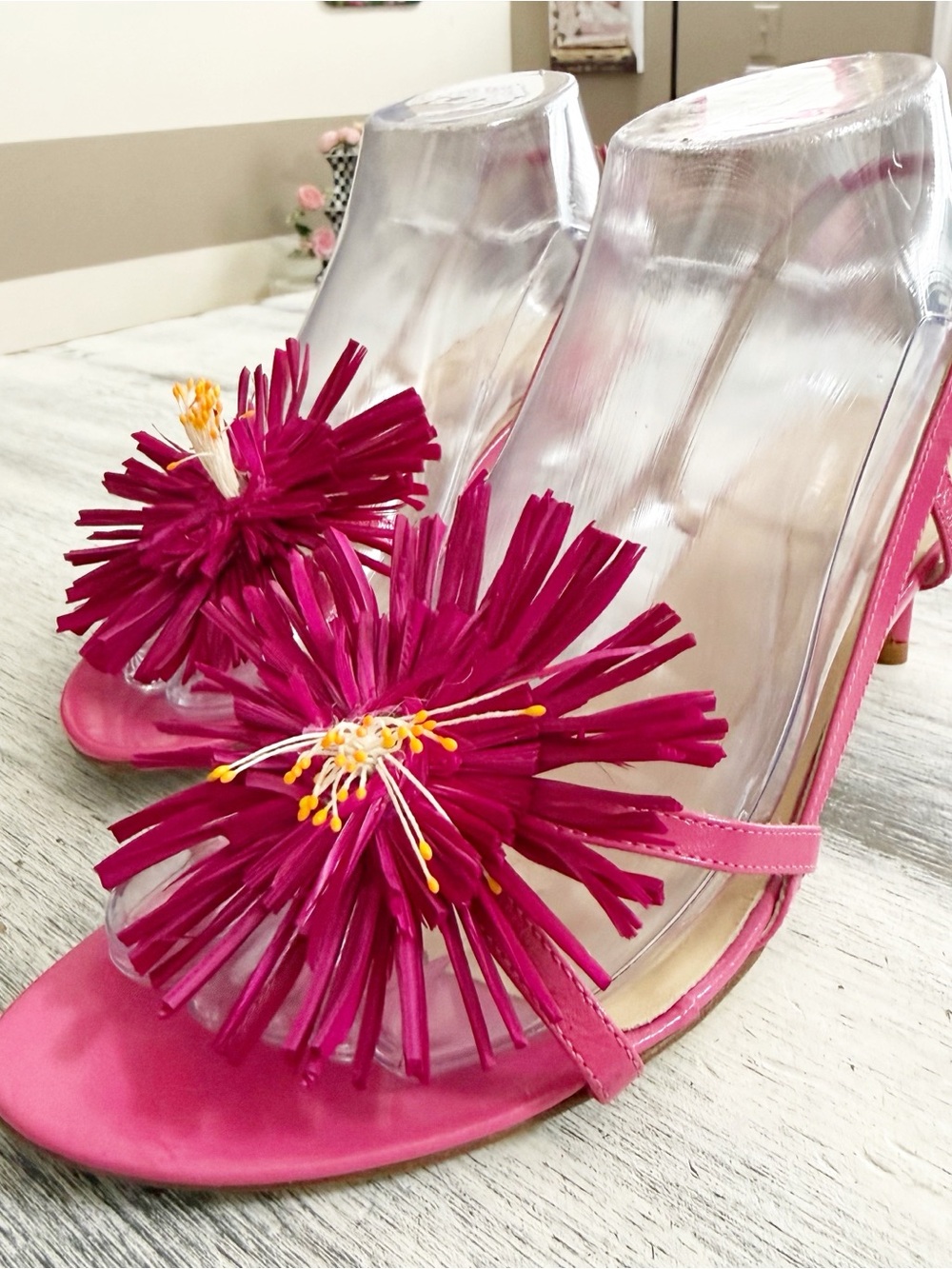 kate spade Hot Pink Floral-Accent Slide Heels with Yellow Detail size 7.5